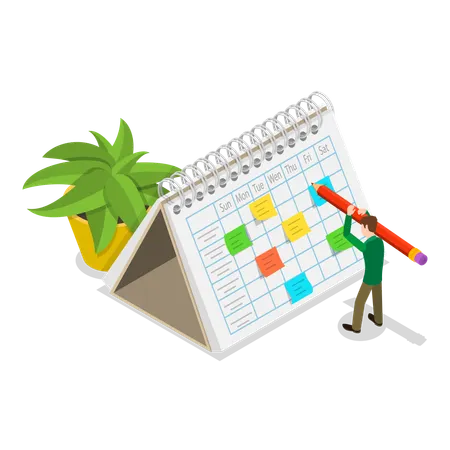 Un jeune homme établit un calendrier de planification  Illustration