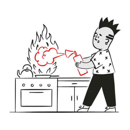 Un jeune homme éteint le feu dans la cuisine  Illustration