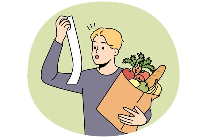 Un jeune homme stupéfait avec un sac de courses choqué par les dépenses au supermarché  Illustration