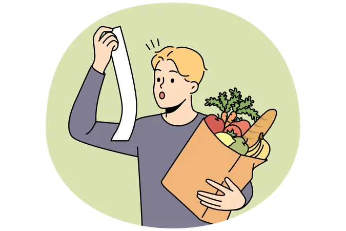 Un jeune homme stupéfait avec un sac de courses choqué par les dépenses au supermarché  Illustration
