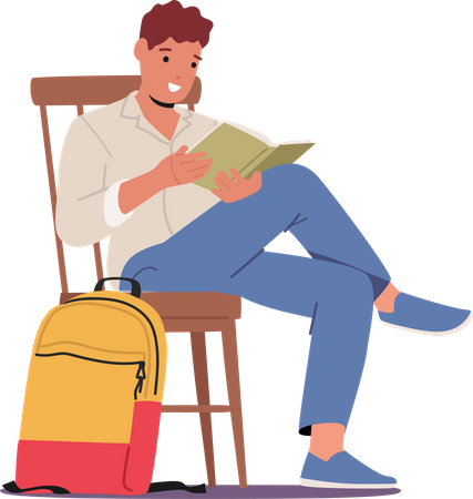 Jeune homme étudiant assis sur une chaise avec un livre en mains  Illustration