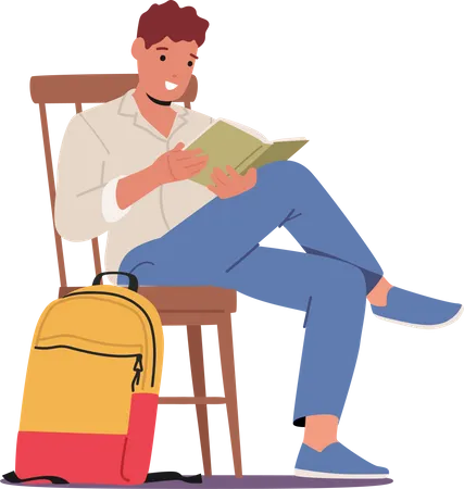 Jeune homme étudiant assis sur une chaise avec un livre en mains  Illustration