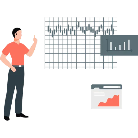 Jeune homme expliquant le graphique du marché en ligne  Illustration