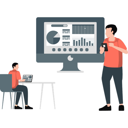 Un jeune homme explique différents diagrammes à secteurs  Illustration