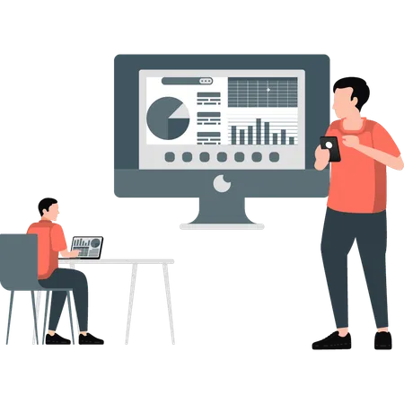 Un jeune homme explique différents diagrammes à secteurs  Illustration