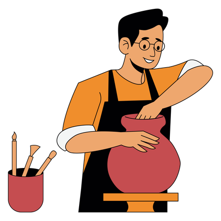 Jeune homme fabriquant de la poterie  Illustration