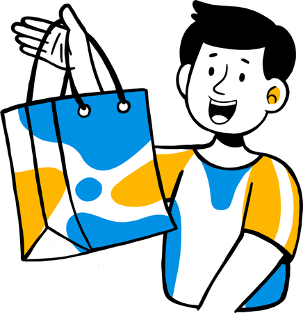 Jeune homme faisant du shopping avec un sac en papier  Illustration