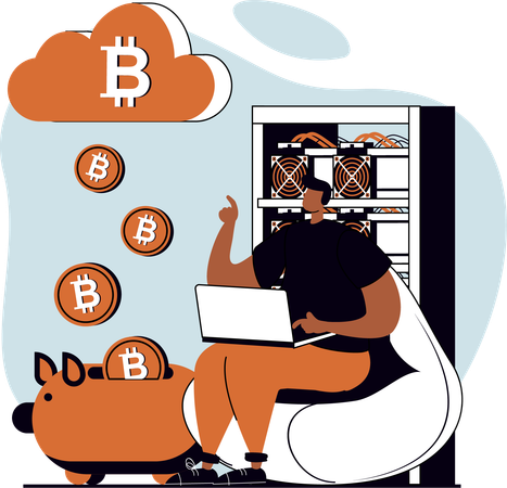 Jeune homme faisant des économies de bitcoin à partir du cloud bitcoin  Illustration