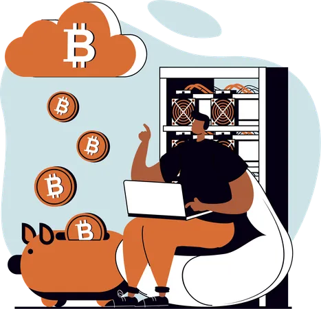 Jeune homme faisant des économies de bitcoin à partir du cloud bitcoin  Illustration