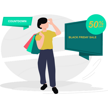 Jeune homme faisant du shopping le Black Friday avec 50 % de réduction  Illustration