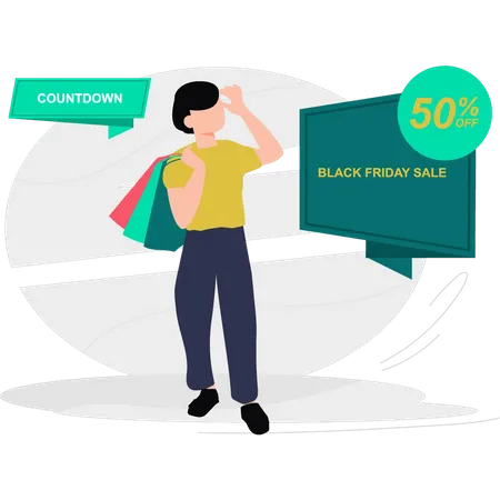 Jeune homme faisant du shopping le Black Friday avec 50 % de réduction  Illustration