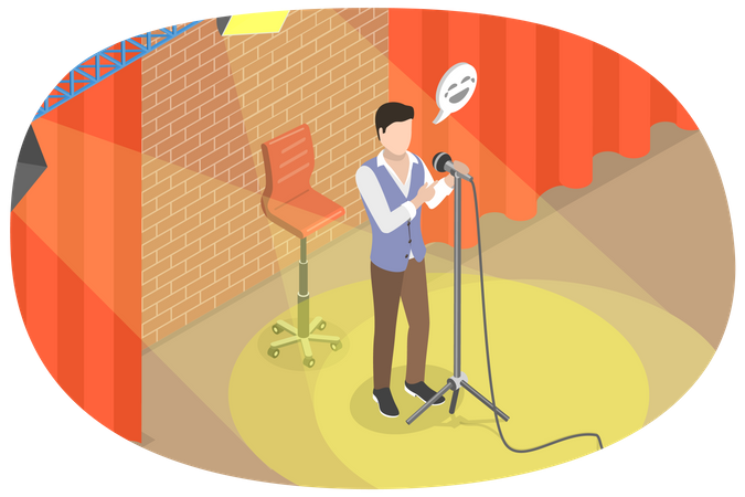 Jeune homme faisant un spectacle de comédie à l'aide d'un micro  Illustration