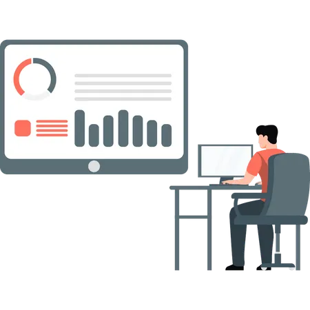 Jeune homme effectuant un travail d'analyse sur moniteur  Illustration