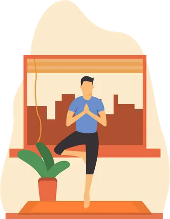 Jeune homme faisant du yoga Vrikshasana dans la chambre  Illustration