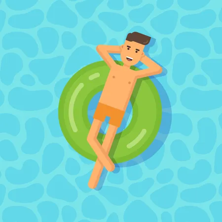 Jeune homme flottant sur un cercle gonflable dans une piscine  Illustration