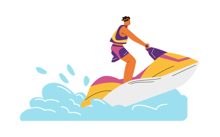 Jeune homme flottant sur un jet ski avec un gilet de sauvetage  Illustration