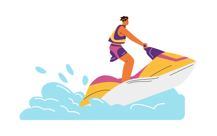 Jeune homme flottant sur un jet ski avec un gilet de sauvetage  Illustration