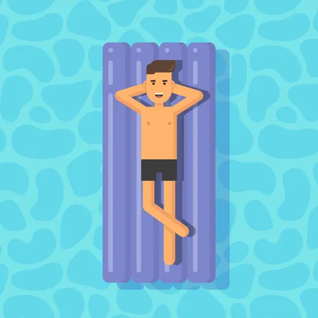 Jeune homme flottant sur un matelas dans une piscine  Illustration