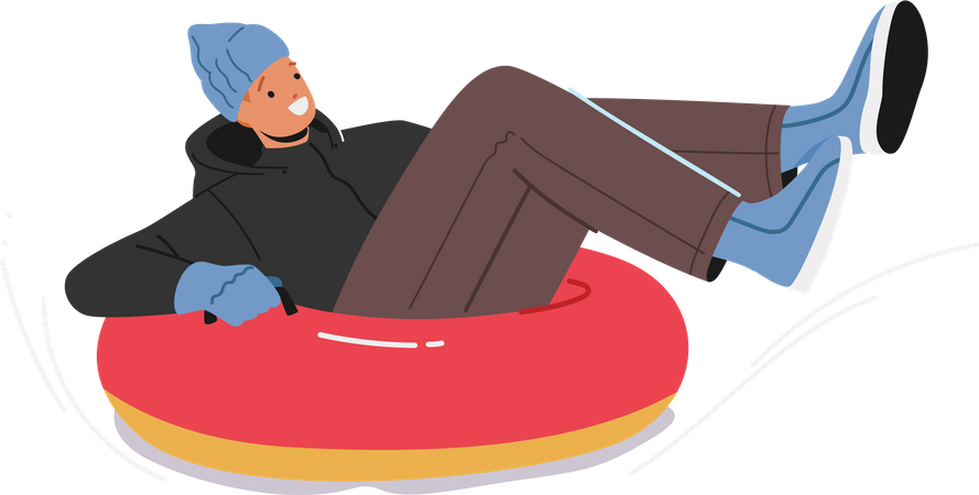 Jeune homme glissant sur une pente sur des tubes à neige  Illustration