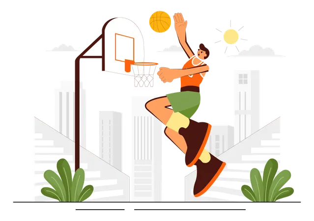 Un jeune homme heureux jouant au basket-ball portant un uniforme de basket-ball sur un terrain  Illustration