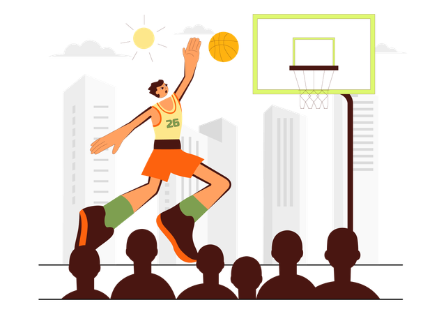 Un jeune homme heureux jouant au basket-ball portant un uniforme de basket-ball sur un terrain pour un tournoi  Illustration