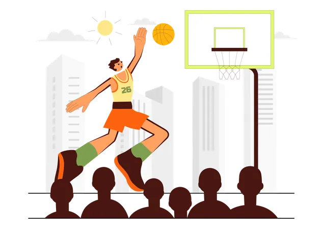 Un jeune homme heureux jouant au basket-ball portant un uniforme de basket-ball sur un terrain pour un tournoi  Illustration