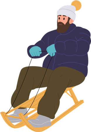 Jeune homme hipster faisant de la descente en traîneau et profitant d'une balade amusante en traîneau à vitesse  Illustration
