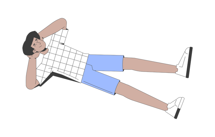 Jeune homme hispanique en t-shirt à carreaux allongé sur le dos avec les mains derrière la tête  Illustration