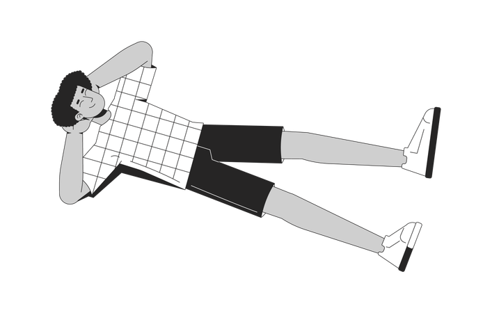 Jeune homme hispanique en t-shirt à carreaux allongé sur le dos avec les mains derrière la tête  Illustration