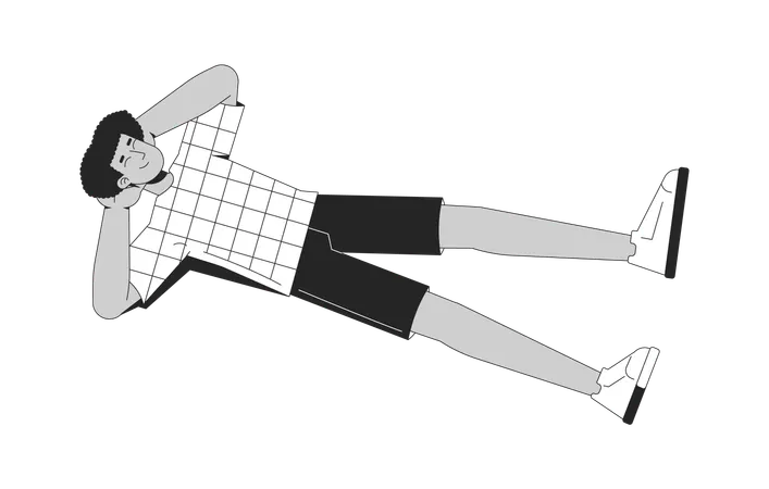 Jeune homme hispanique en t-shirt à carreaux allongé sur le dos avec les mains derrière la tête  Illustration