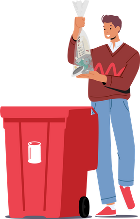 Jeune homme jeter un sac avec des déchets métalliques dans la corbeille  Illustration
