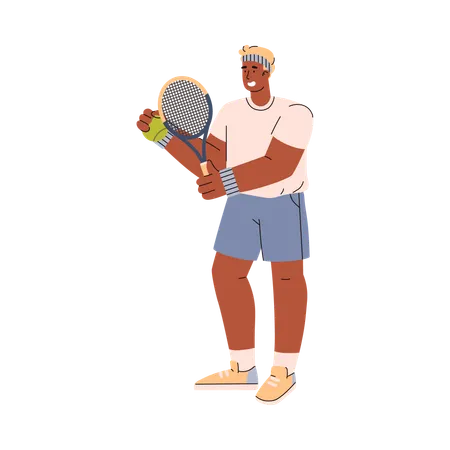 Joueur de tennis de jeune homme debout avec balle verte et raquette  Illustration