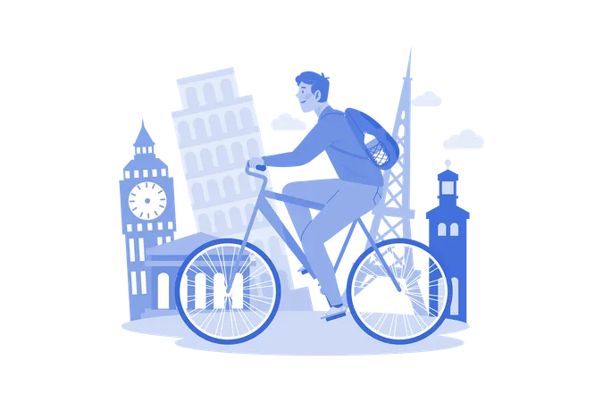 Jeune homme louant un vélo pour explorer la ville  Illustration