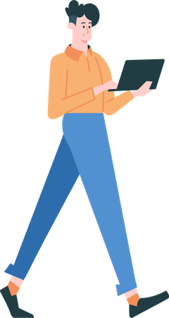 Jeune homme marchant avec un ordinateur portable  Illustration
