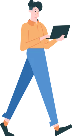 Jeune homme marchant avec un ordinateur portable  Illustration