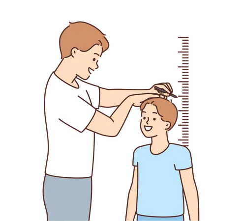 Jeune homme mesurant la hauteur de l'enfant  Illustration