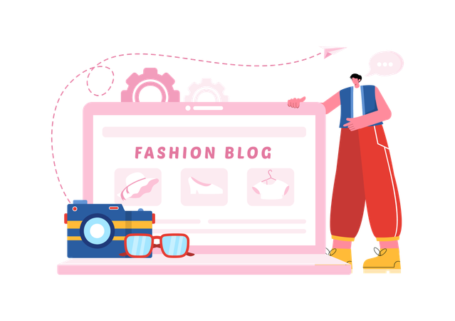 Jeune homme montrant un blog de mode  Illustration