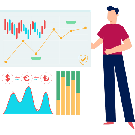 Jeune homme montrant un graphique pour l'investissement financier  Illustration