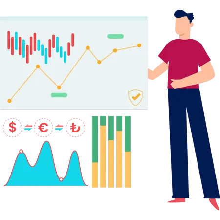 Jeune homme montrant un graphique pour l'investissement financier  Illustration