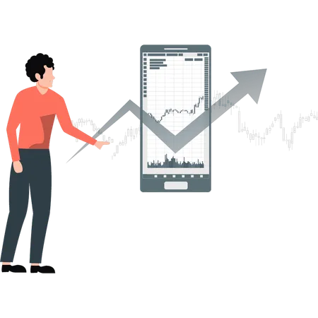 Un jeune homme montre un graphique de croissance sur son mobile  Illustration