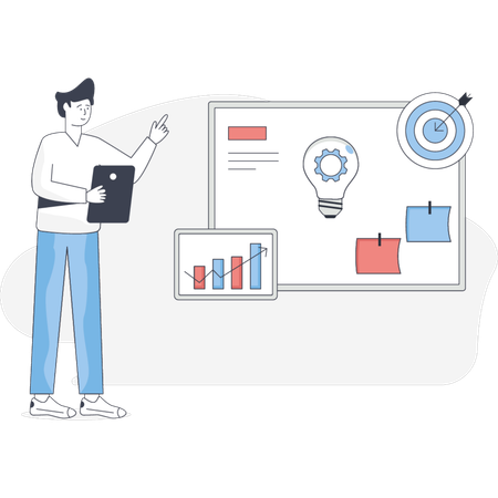 Jeune homme montrant un objectif marketing  Illustration