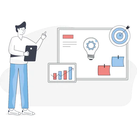 Jeune homme montrant un objectif marketing  Illustration