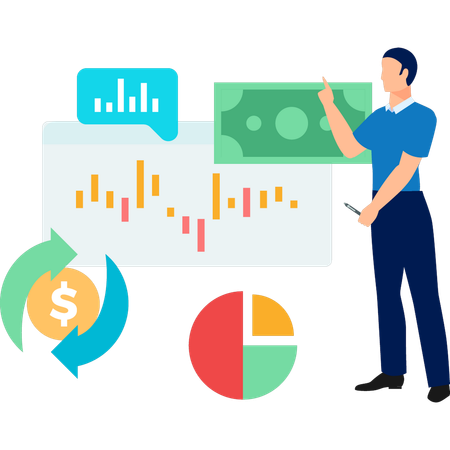 Jeune homme montrant une analyse d'investissement  Illustration