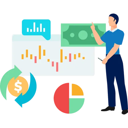 Jeune homme montrant une analyse d'investissement  Illustration