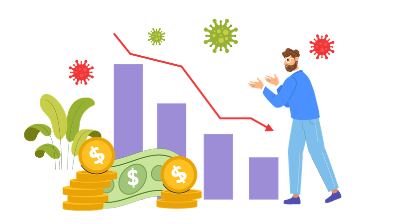 Un jeune homme montre une crise financière  Illustration