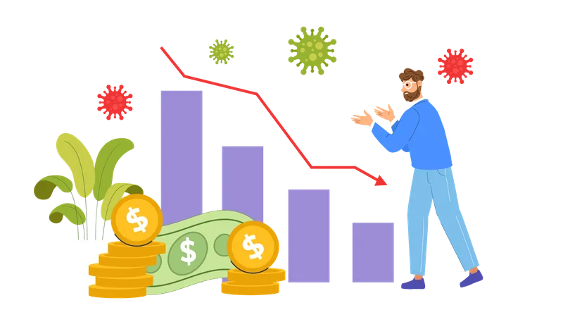 Un jeune homme montre une crise financière  Illustration