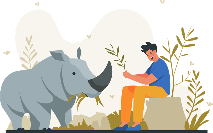 Un jeune homme nourrit un rhinocéros  Illustration