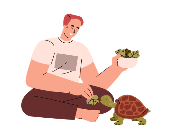 Un jeune homme nourrit une tortue avec des feuilles de salade  Illustration