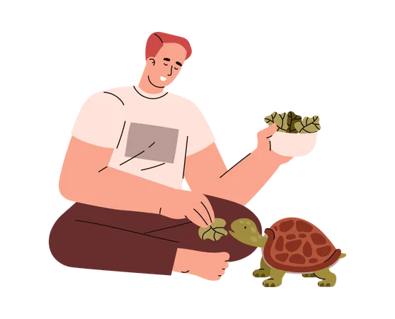 Un jeune homme nourrit une tortue avec des feuilles de salade  Illustration