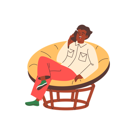 Un jeune homme parle au téléphone et est assis sur une chaise  Illustration